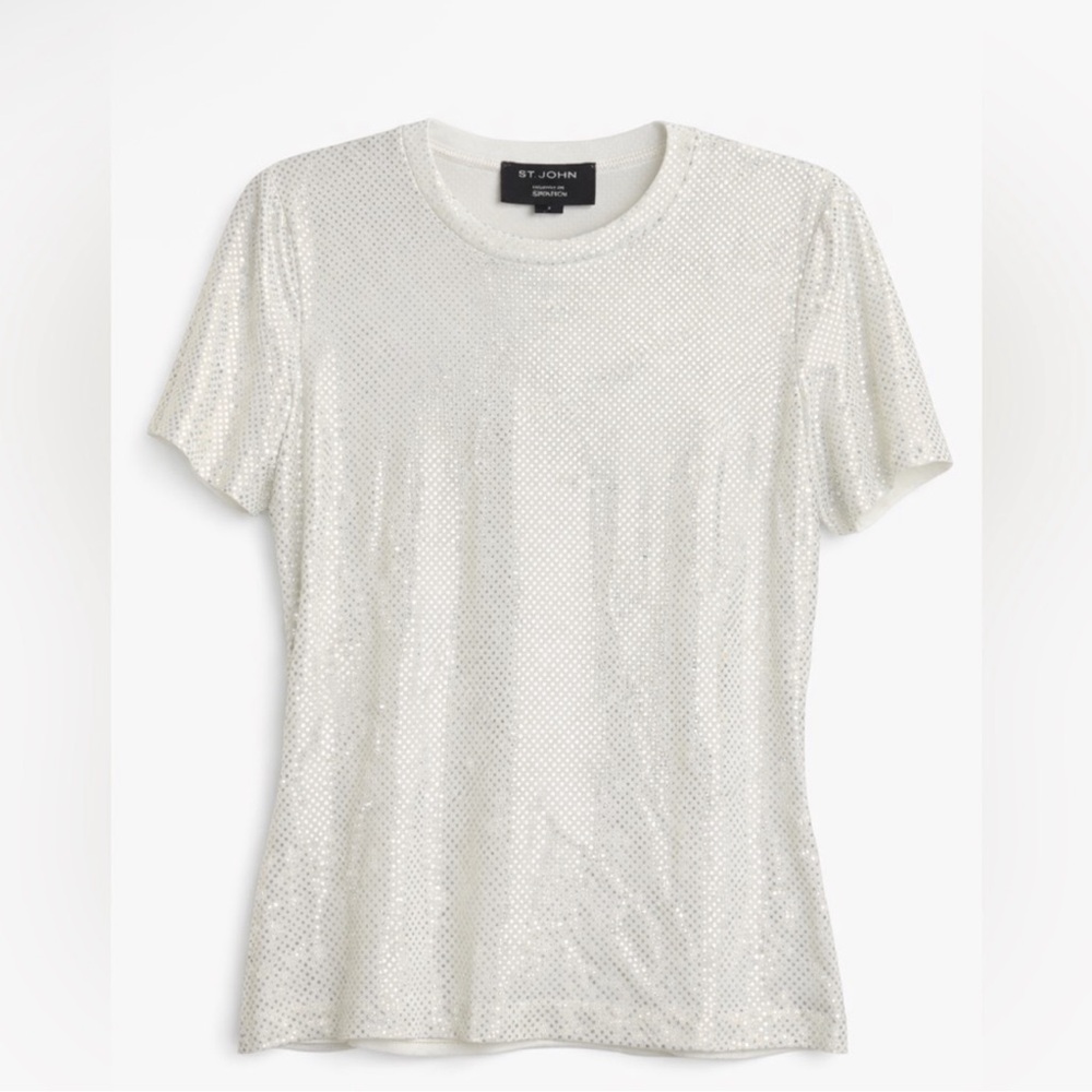 St. John Knit Top Small‎ Metallic Silver Short Sleeve Stretch Designer